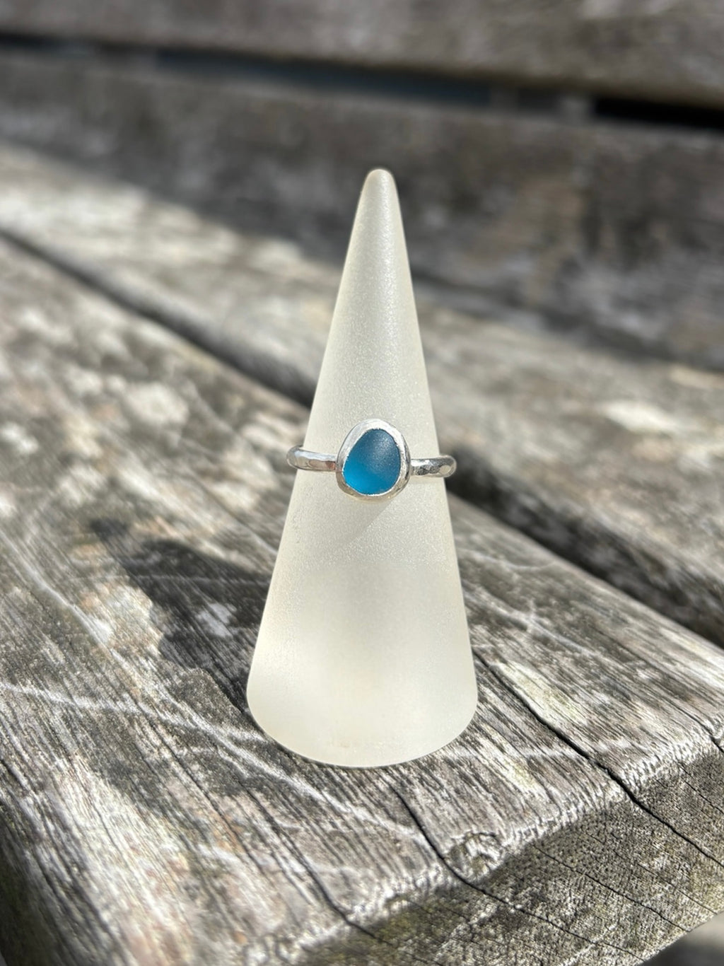 Bright Blue Seaglass Ring - Size O
