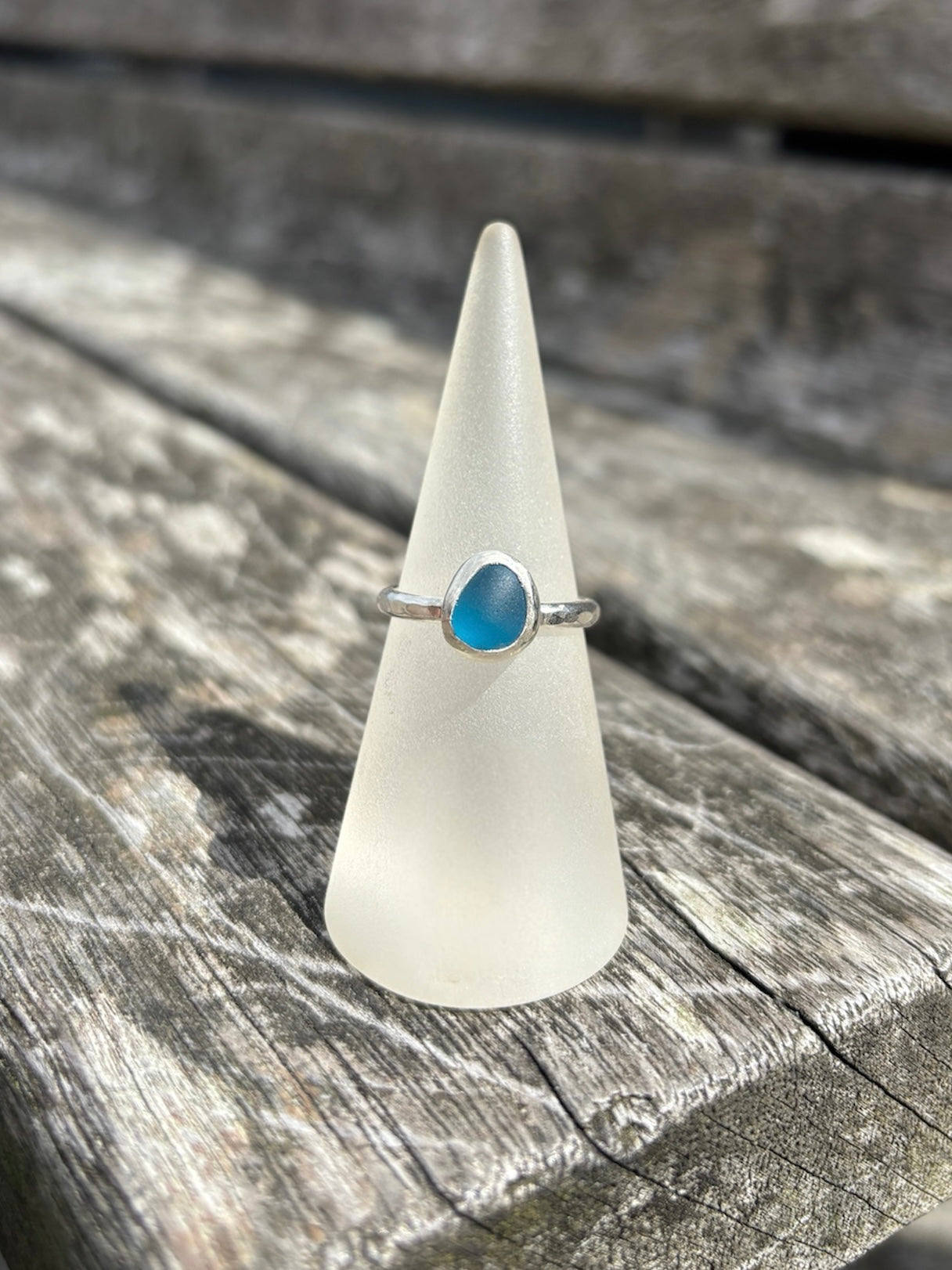 Bright Blue Seaglass Ring - Size O