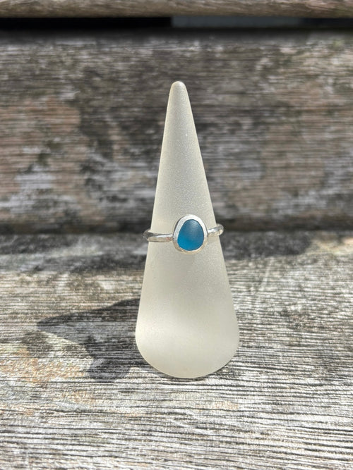 Bright Blue Seaglass Ring - Size O