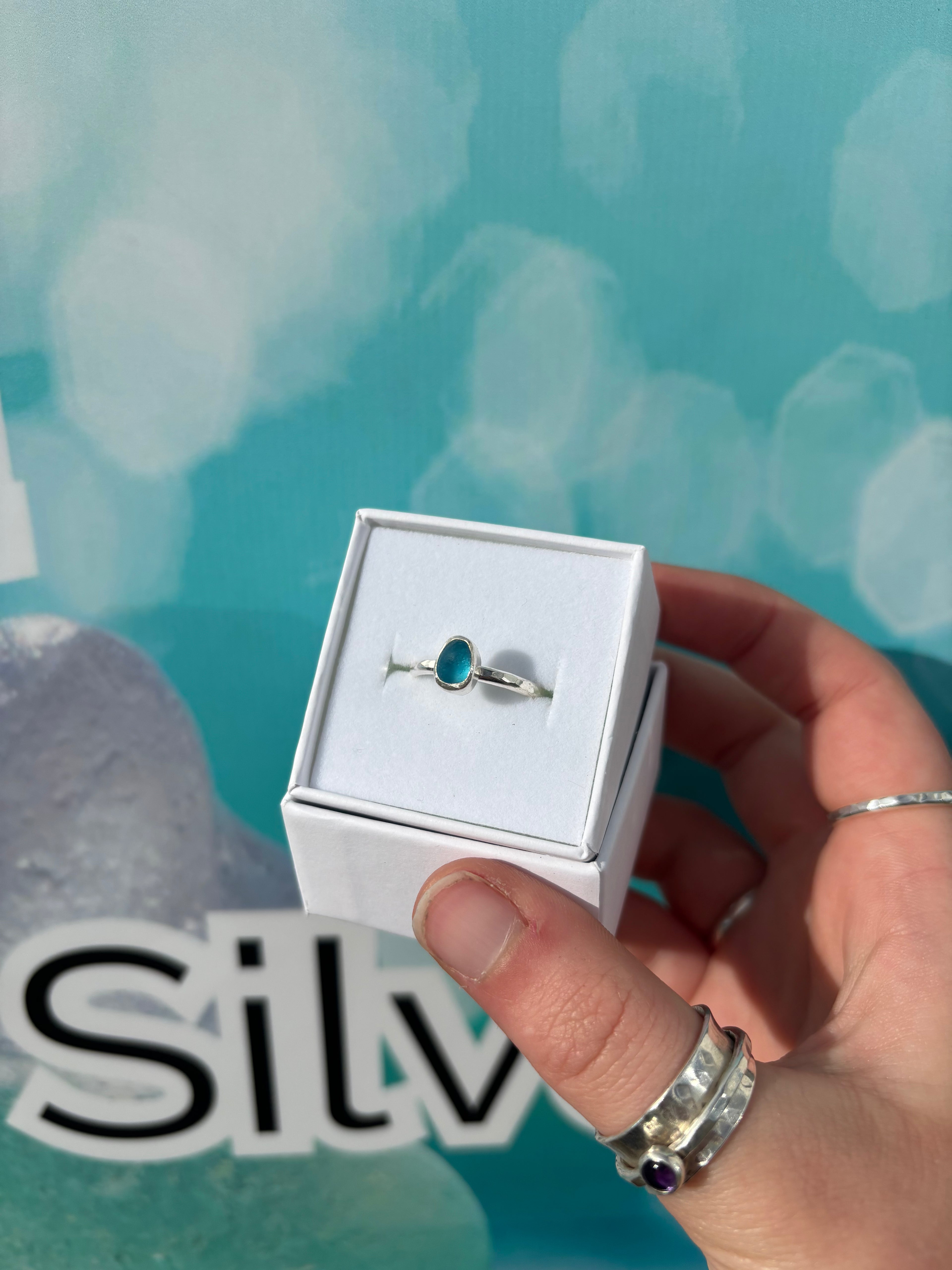 Bright Blue Seaglass Ring - Size O