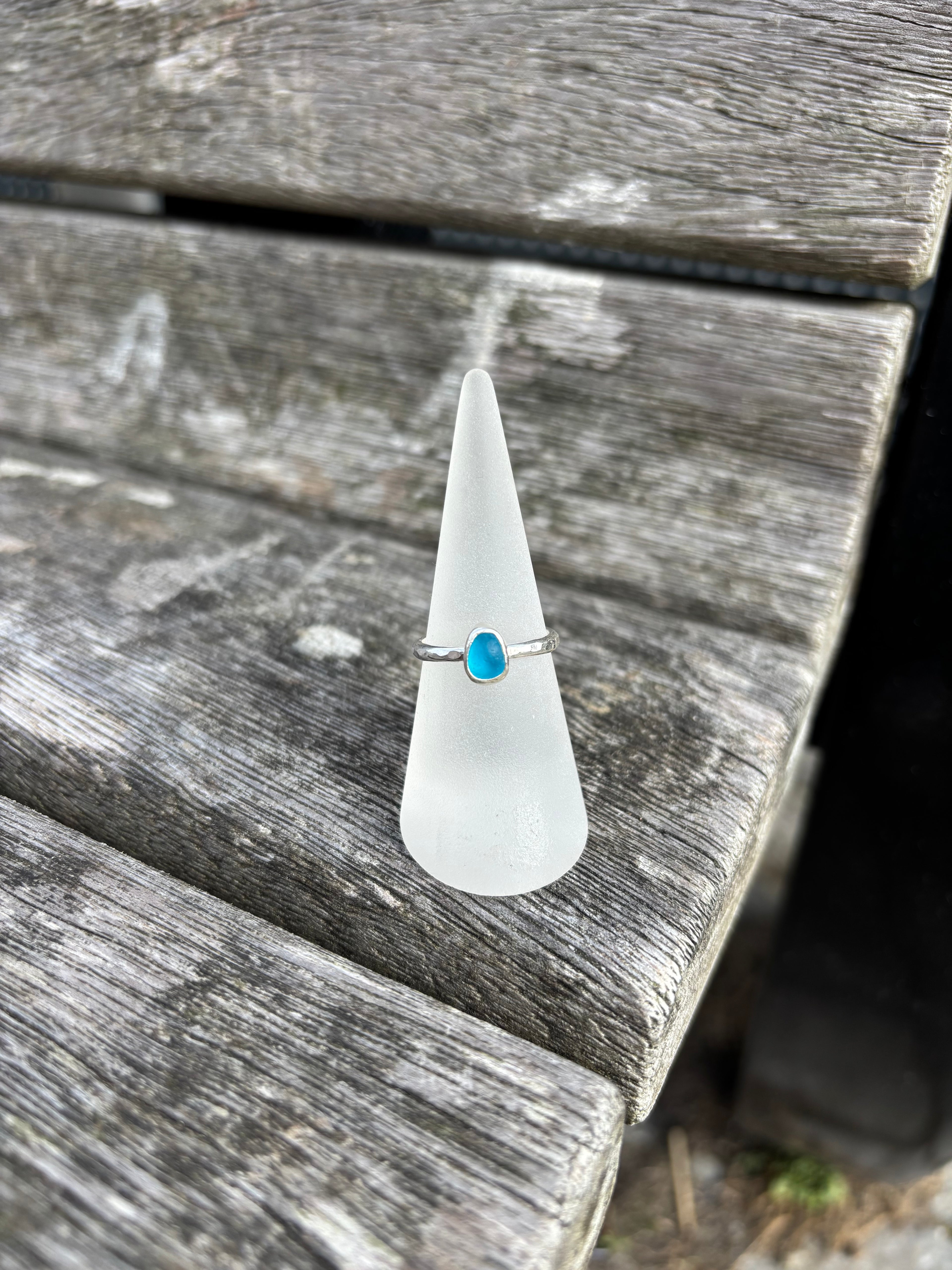 Bright Blue Seaglass Ring - Size O
