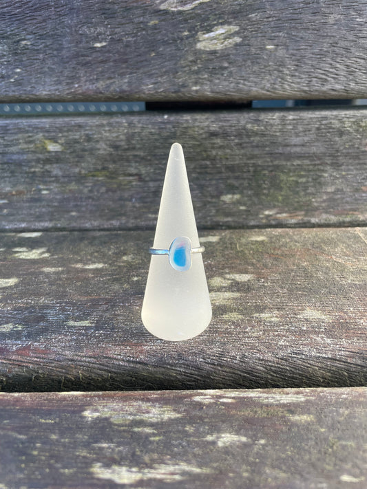Blue, White and Pink Multi Seaglass Ring - Size R