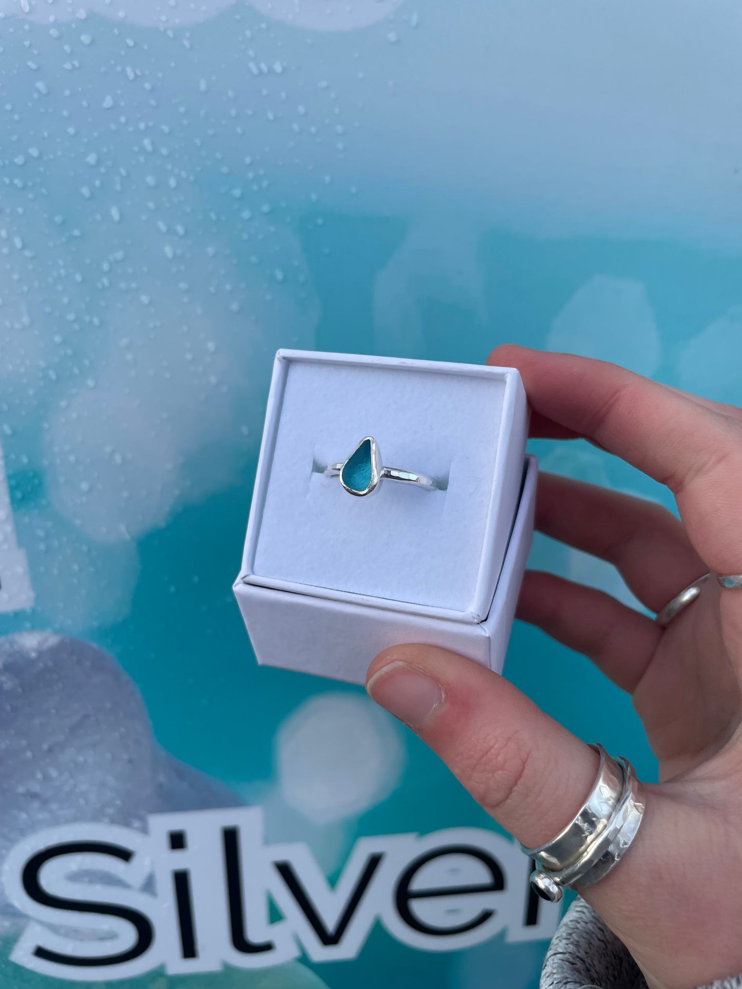 Sea Blue Seaglass Ring - Size Q