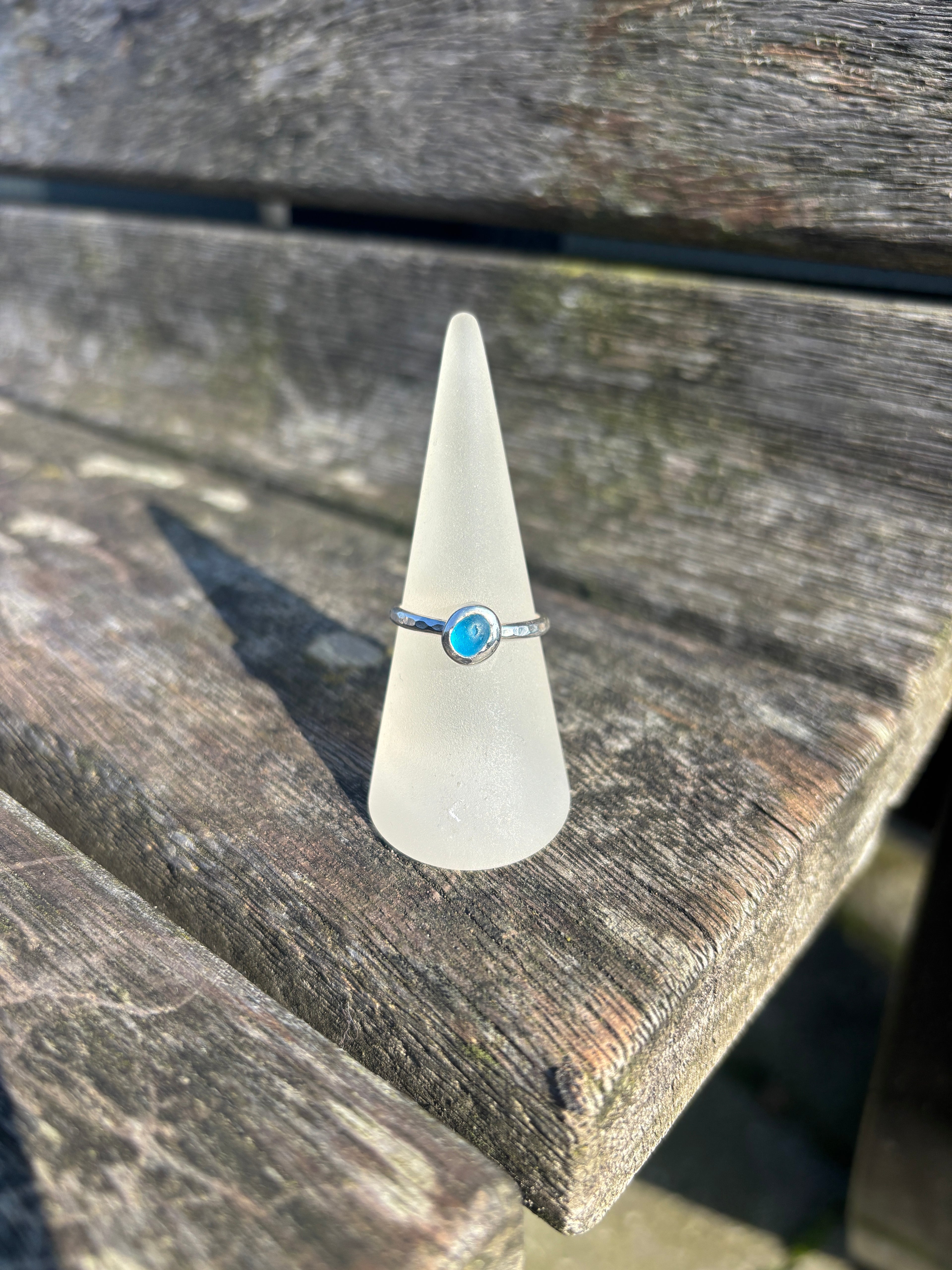 Bright Blue Seaglass Ring - Size Q
