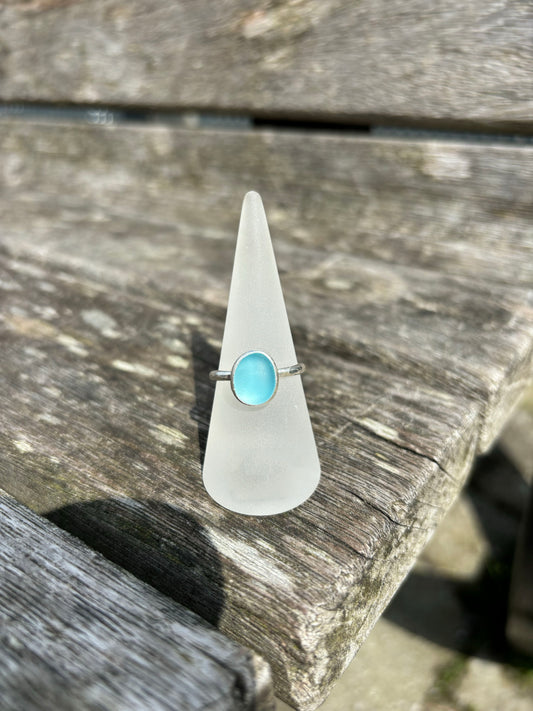 Sea Blue Seaglass Ring - Size S