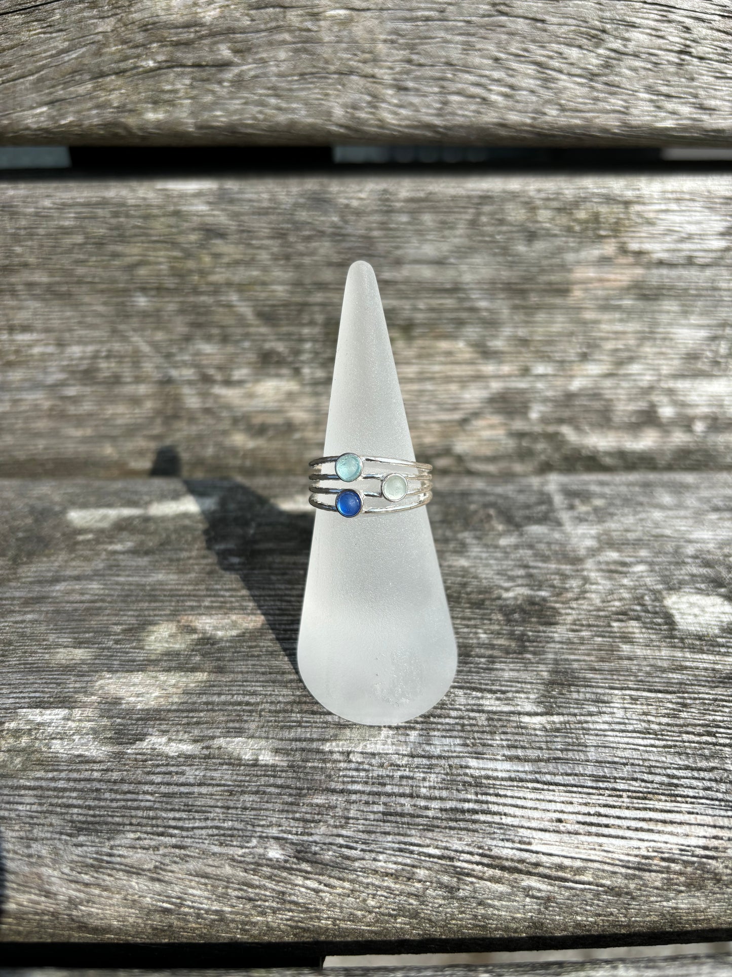 Triple Blue and White Seaglass Ring - Size M