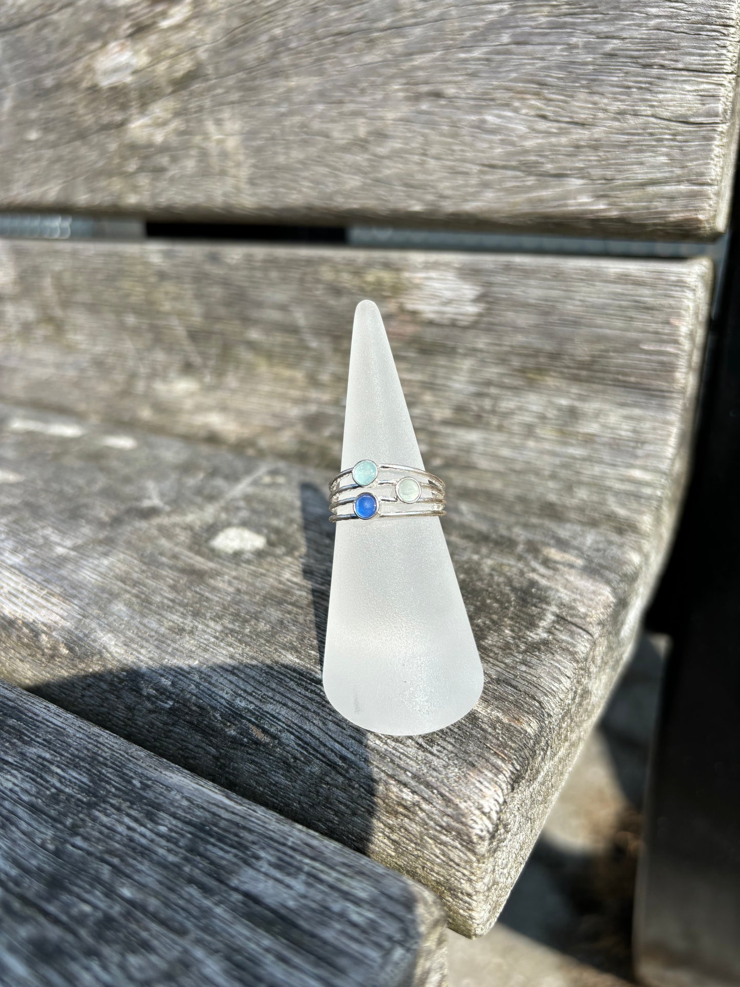 Triple Blue and White Seaglass Ring - Size M